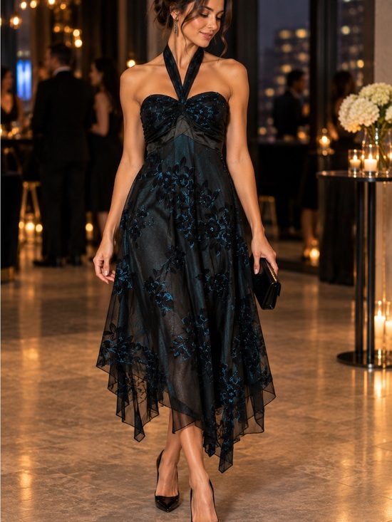le chateau Dresses & Skirts - Y2K Le Château Black Teal Floral Mesh Midi Dress Scarf Ruched Goth Glam M